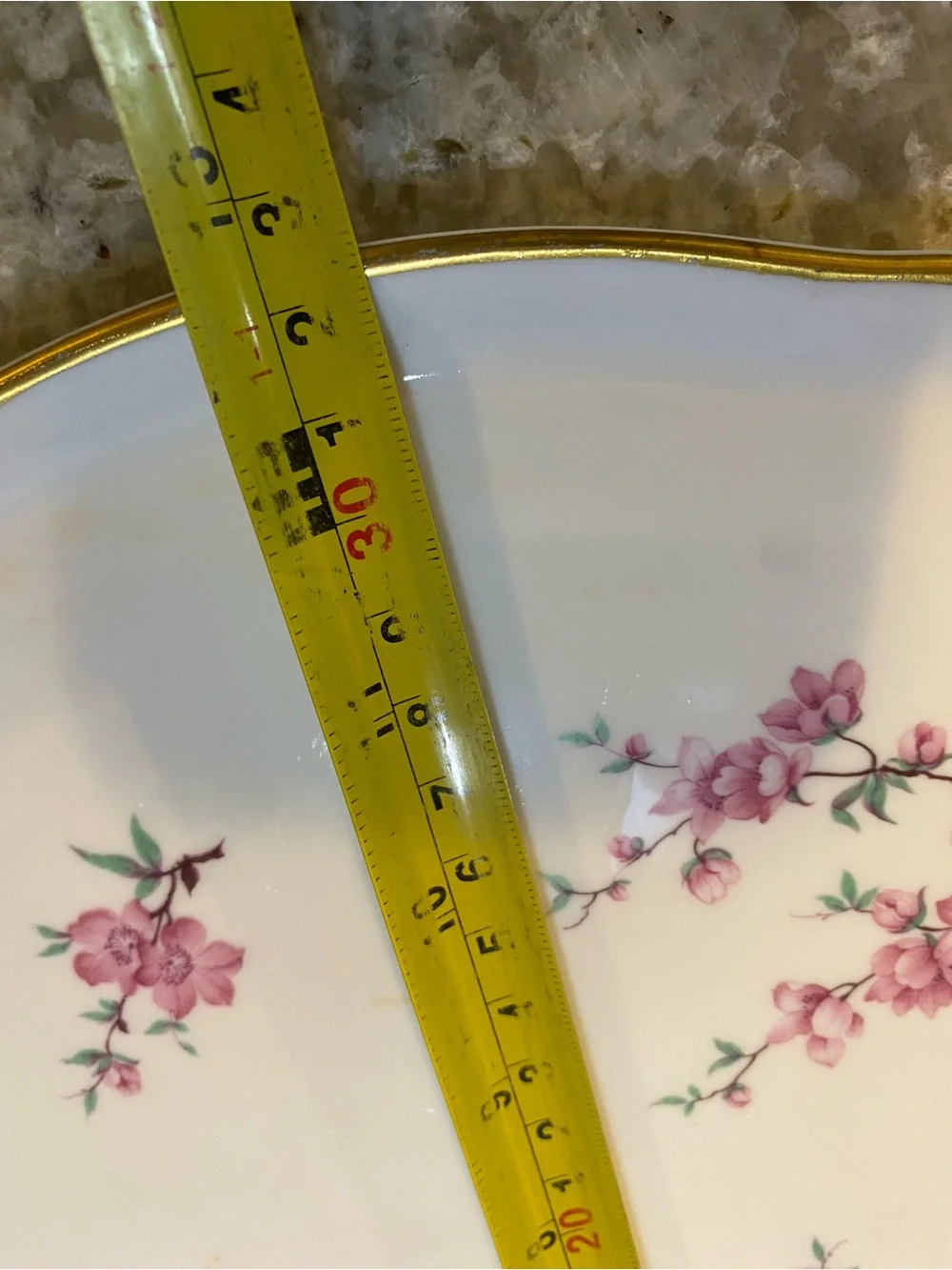 Porcelain Cake Stand with Pink Floral Motif and Gold Trim 13 & 1/2” tiny mark on - Picture 3 of 4